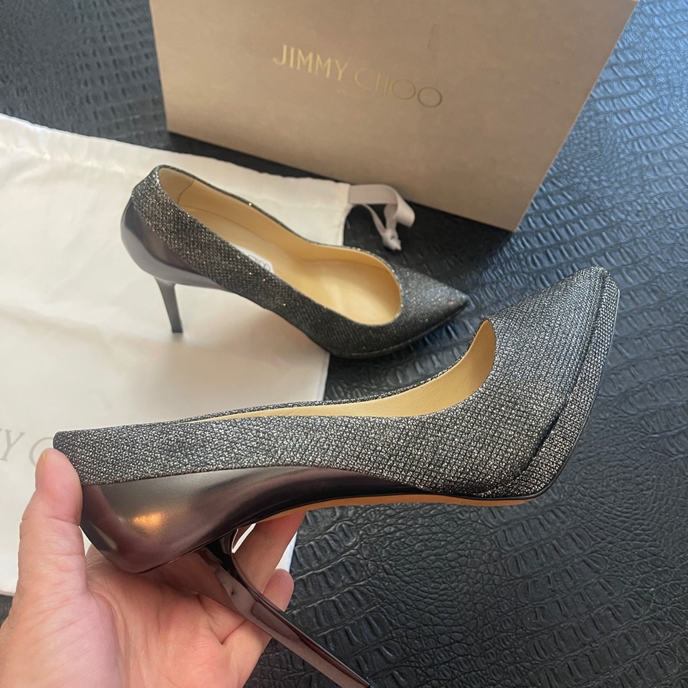Jimmy Choo Lame Silver Glitter Mirror Leather Anthracite High Heel Size 38 1/2